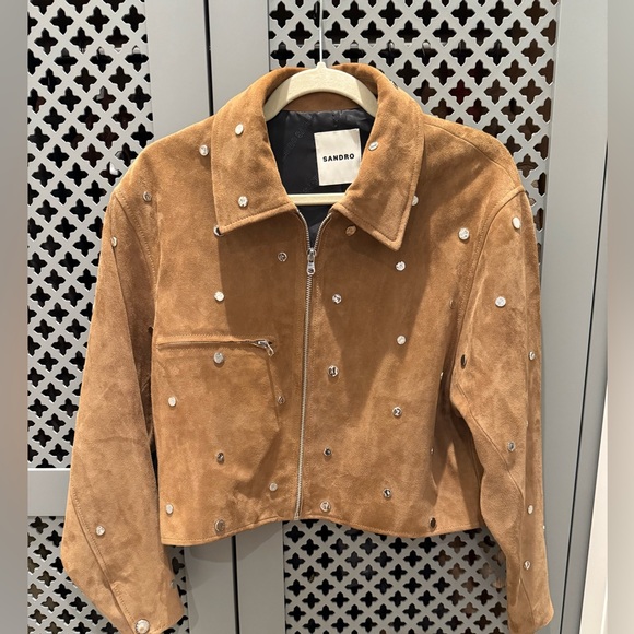 Sandro Tan Lopez Suede Jacket with Silver Studs - Picture 5 of 7